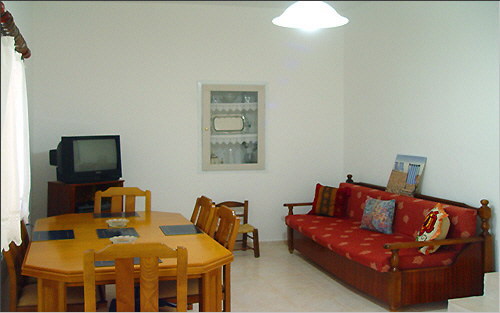 Living area with dining table and convertible sofa